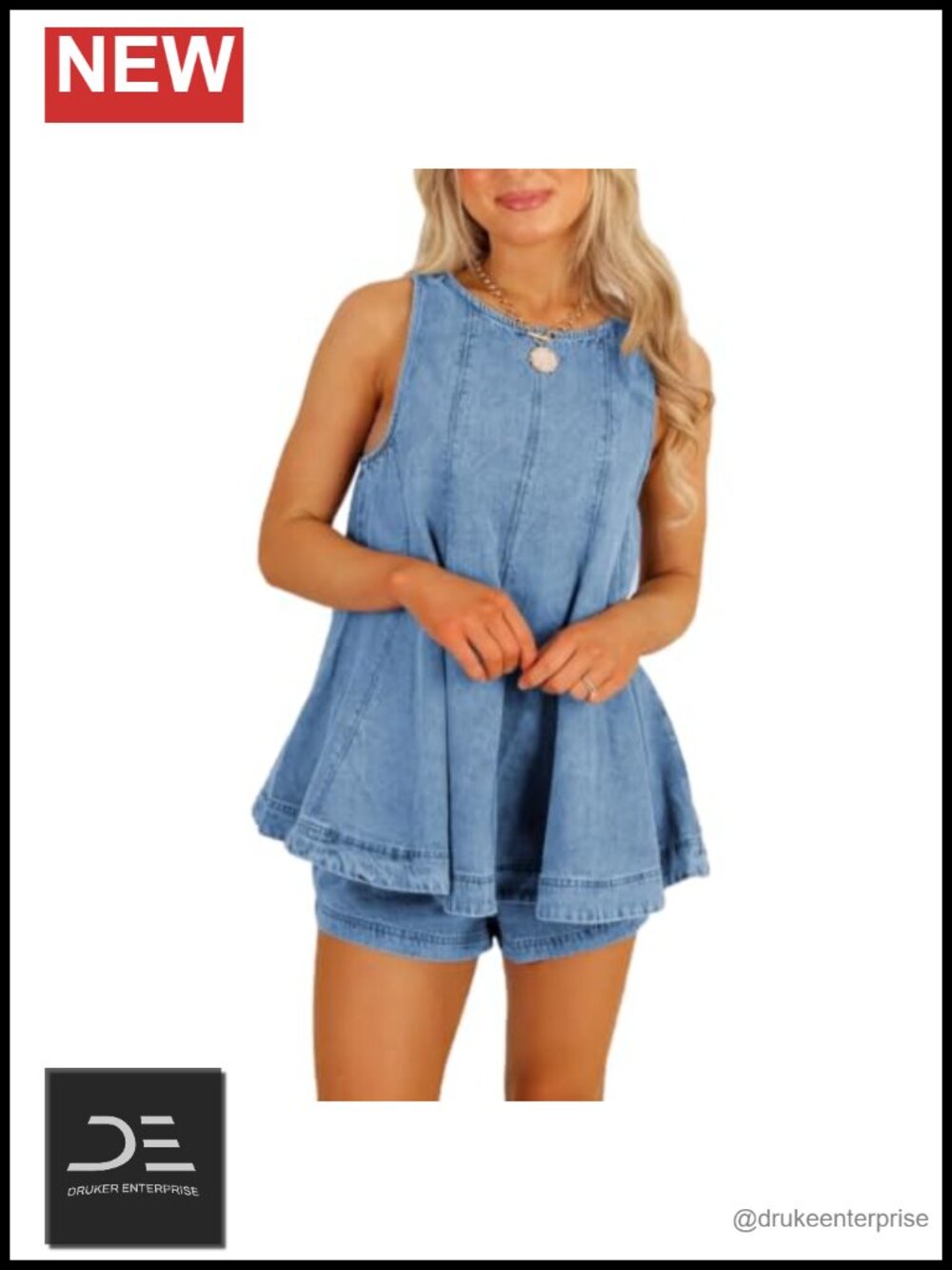 Sleeveless Denim 2 Piece Set, Pleated Top & Loose Shorts, Lounge Outfit